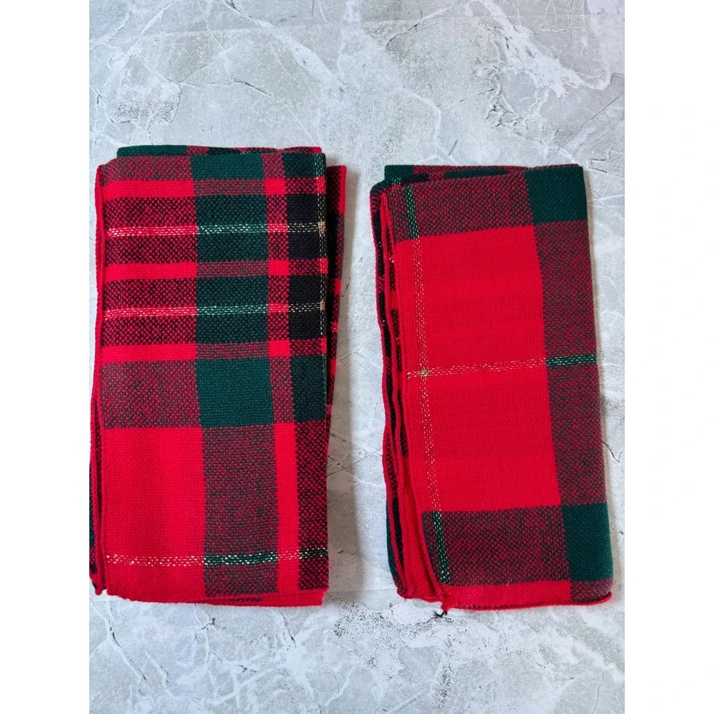 Town & Country Linen Christmas Plaid Tablecloth 60x84 Oval 8 Napkins Gold Lurex